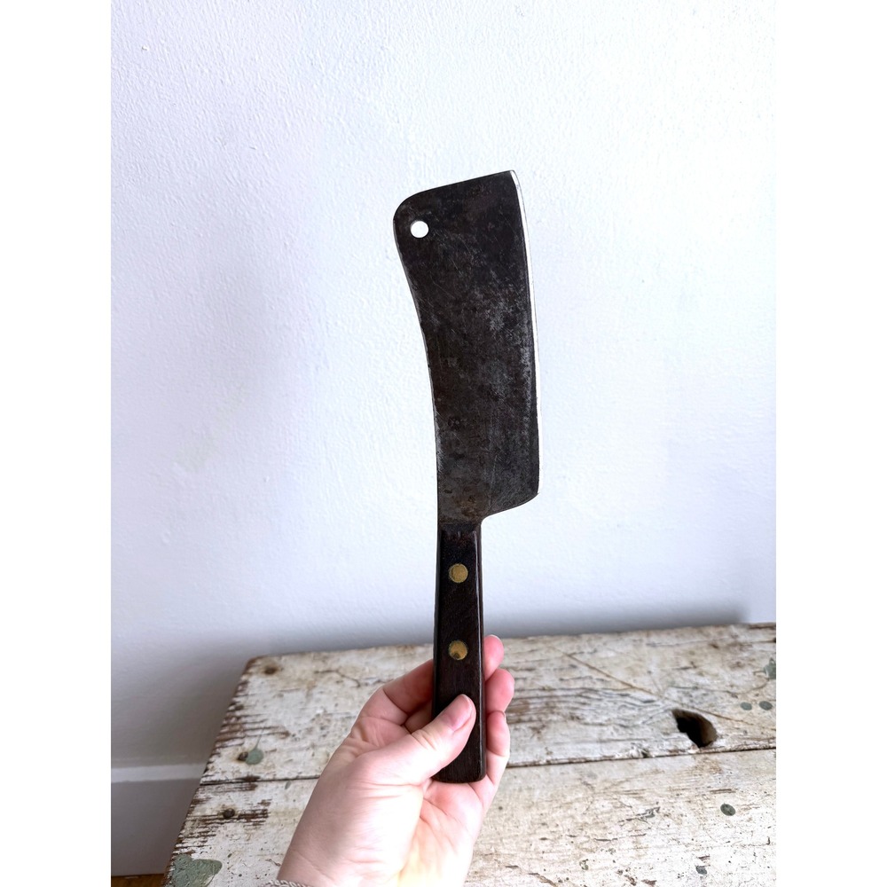 Vintage Carbon Steel Meat Cleaver Butcher Knife Wood Handle Brass Rivets 12 Inch - Picture 2 of 6